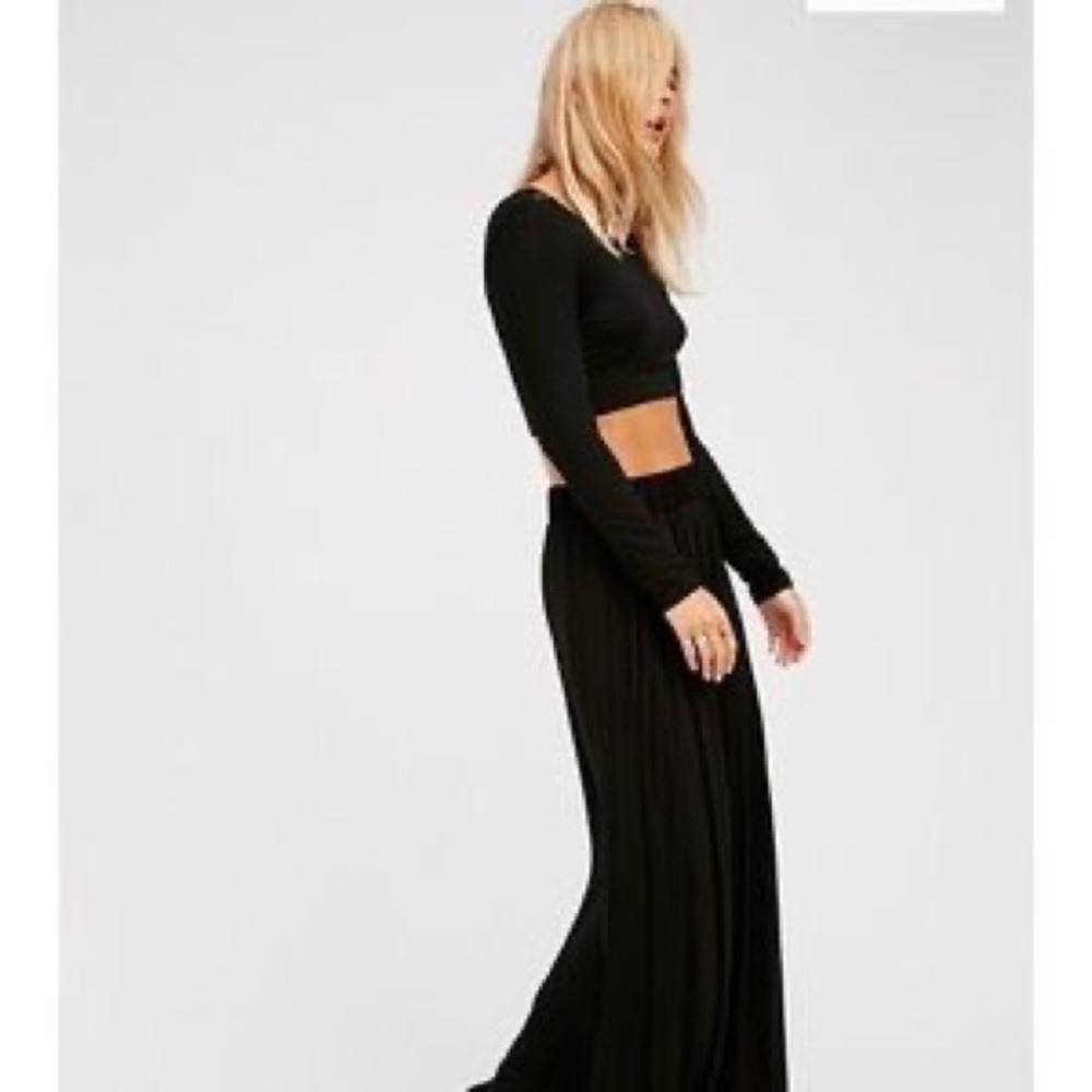 FREE PEOPLE BEACH ALIA SET Black Sz S Gaucho Flowy Pant Long Sleeve shirt